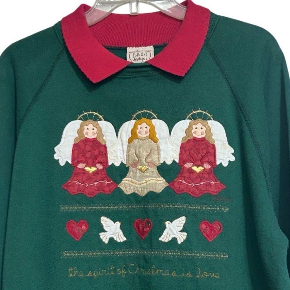 Valerie Sockwell Folk Art Appliqué x Hanes Sweatshirt Women's XL Green Christmas